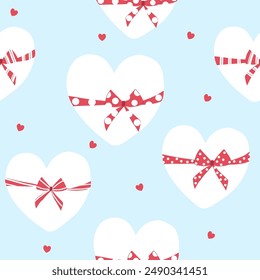 white hearts with red bows seamless pattern , vector illustration