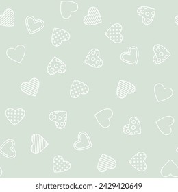 White hearts are scattered on a gray-green background. Seamless pattern with editable stroke. Contour drawing. Flat style. Isolated. Background for cover, fabric, decor.