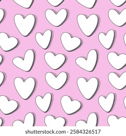 White hearts seamless pattern on pink background. Vector design.
