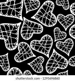 White hearts seamless pattern in the style of dowling on a black background.