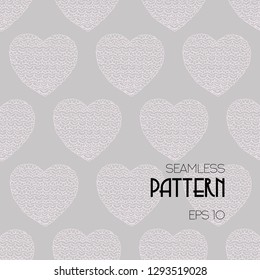White hearts - seamless vector pattern on gray background. Hand drawn graphic with elements isolated. Can be used on packaging paper, fabric, background for different images.