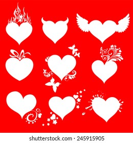 White hearts set isolated on red background. Happy valentine day decor. Vector illustration 