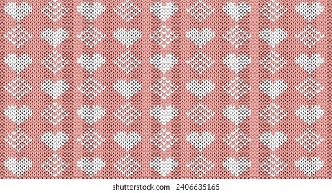White hearts and  square on pink knitted design, Festive Sweater Design. Seamless Knitted Pattern, Chritmas knitted.