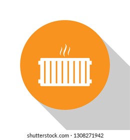 White Heating radiator icon isolated on white background. Orange circle button. Flat design. Vector Illustration