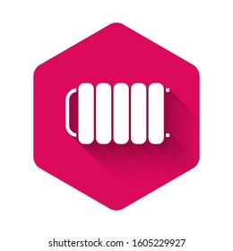 White Heating radiator icon isolated with long shadow. Pink hexagon button. Vector Illustration