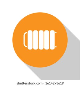 White Heating radiator icon isolated on white background. Orange circle button. Vector Illustration