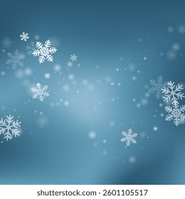 White heavy snowflakes illustration. Snowfall fleck freeze shapes. Snowfall weather white teal blue background. Scattered snowflakes december texture. Snow nature landscape.