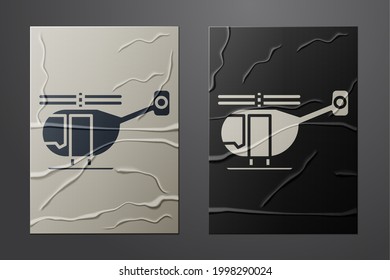 White Helicopter aircraft vehicle icon isolated on crumpled paper background. Paper art style. Vector Illustration