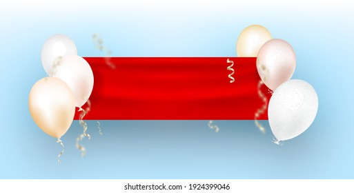 White helium balloons, holding the flag of the red flag over the blue sky. Vector.