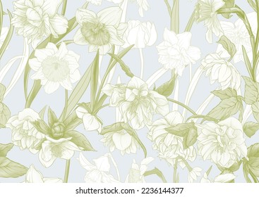 White hellebore flowers, the first spring flowering ranunculus. Spring floral motif. Seamless pattern, background. Vector illustration in botanical style