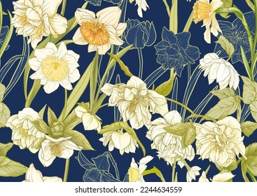 White hellebore flowers, the first spring flowering ranunculus. Spring floral motif. Seamless pattern, background. Vector illustration in botanical style