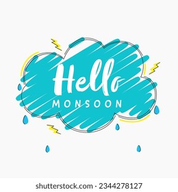 White Hello Monsoon Text sobre Blue Scribble Cloud with Lightning Bolts.