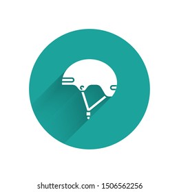 White Helmet icon isolated with long shadow. Extreme sport. Sport equipment. Green circle button. Vector Illustration