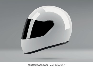 White helmet with smooth design and dark visor, angled from right-side perspective