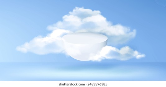 White hemisphere product podium flying in blue sky with fluffy clouds. Realistic 3d vector floating blank podium mockup with steam. Dreamy goods display pedestal for presentation and showcase.