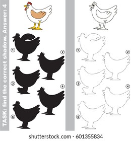 White Hen with different shadows to find the correct one, compare and connect object with it true shadow, the educational kid game with simple gaming level.