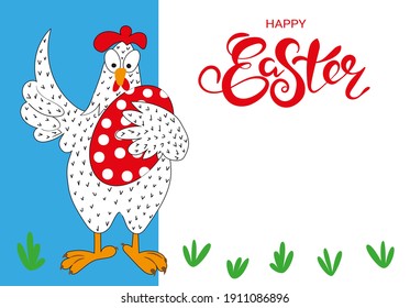 A white hen is holding a red egg. Easter card in Scandinavian style, flat illustration. Happy Easter lettering, place for text. Flyer, congratulation, invitation, poster, banner, card, web, packaging.