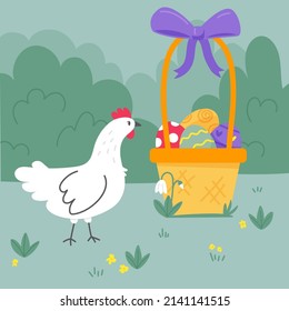 The white hen is looking at the basket of Easter eggs. Vector image can be used for holiday cards, posters and stickers.