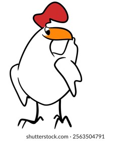 White hen looking to the side, front view, cartoon style