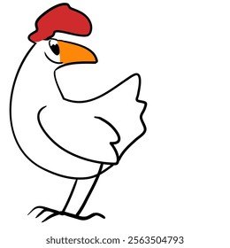 White hen looking to the side, front view, cartoon style