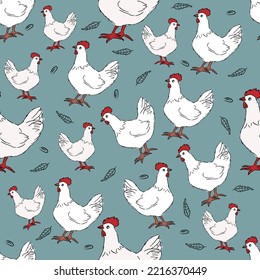 White hen rural seamless vector pattern. Farm birds simple rustic background texture.
