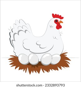 The White hen sits on the eggs in the hay. White chicken hen with eggs isolated white background.
Chicken laying hen white. With a large crest. Domestic Hen Sitting on eggs. 2012
