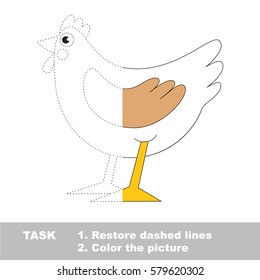 White Hen in vector to be traced, restore dashed line and color the picture, the simple visual kid game with easy education level for preschool children.