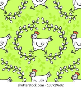White hen in willow wreath spring holiday Easter illustration on green background seasonal animal seamless pattern