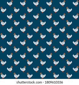 white hen with wings and beak standing with blue background repeat pattern