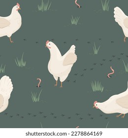 White hens on a green meadow. Happy hens grazing on the grass. Seamless pattern. Vector illustration.