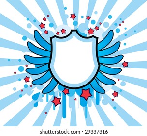 White heraldic board with azure wings and red stars