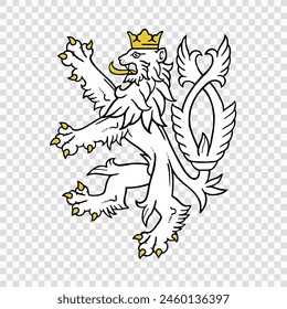 A white heraldic lion wearing a golden crown and displaying a double-tailed design, representing the symbol of Bohemia