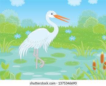 White heron by a small lake among green grass and flowers of a meadow on a summer day, vector illustration in a cartoon style