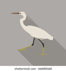 White heron on a gray background with a long shadow. Bird icon flat design