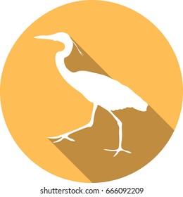 White heron on an orange background with a long shadow. Bird icon flat design.