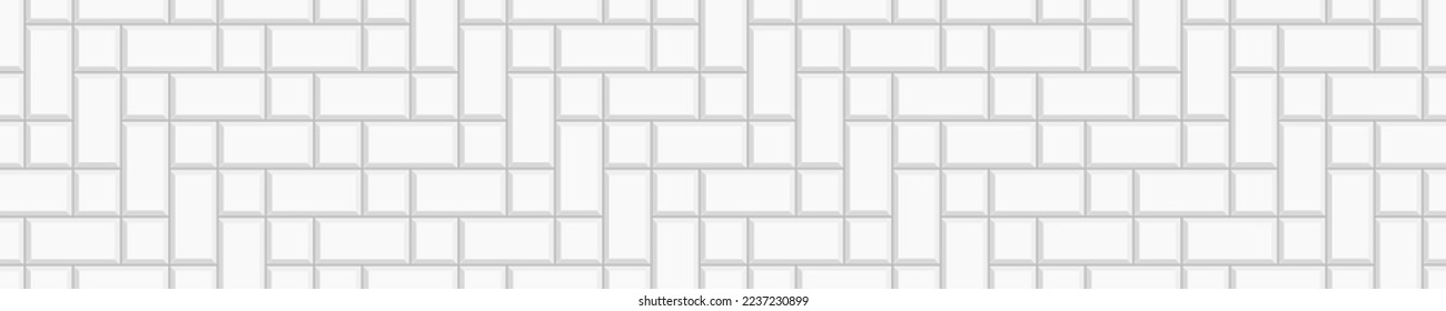 White herringbone inserted tile horizontal texture. Stone or ceramic brick wall background. Kitchen backsplash mosaic layout. Bathroom, shower or toilet floor decoration. Vector flat illustration