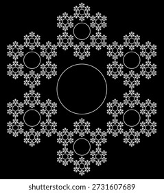 Patrón de Fractal Hexaflake blanco sobre fondo negro, creado a partir de Formas circulares con una estructura geométrica abstracta, diseño único y auto-similitud. Adecuado para ilustración matemática, científica y educativa, fondo y diseño de carteles.