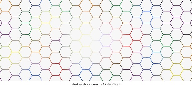White hexagon abstract technology background with colorful bright flashes under hexagon. Hexagonal gaming vector abstract tech background.