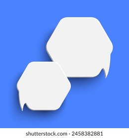 White hexagon blank speech bubble on blue background. Speak bubble text, chat box, message outline modern vector illustration design. Minimal social network chatting windows. Question, answer