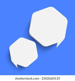 Weiße sechseckige leere Sprechblase auf blauem Hintergrund. Sprechblasentext, Chatbox, Nachrichtenkontur modernes Vektorgrafik-Design. Minimale Chatfenster in sozialen Netzwerken. Frage, Antwort