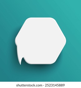 White hexagon blank speech bubble isolated on green background. Thinking symbol with blank space for text, quote, message. Minimal social banners, price tags, stickers, posters, badges.