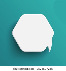 White hexagon blank speech bubble isolated on green background. Thinking symbol with blank space for text, quote, message. Minimal social banners, price tags, stickers, posters, badges.