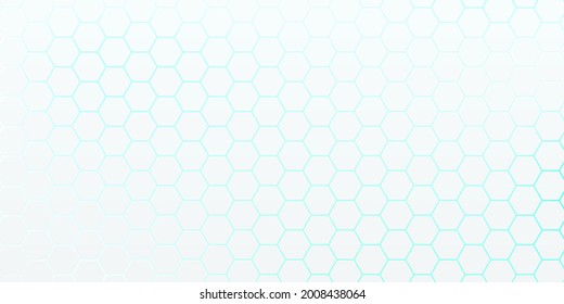 White hexagon pattern on blue, green neon color abstract background in technology style. Modern futuristic geometric shape  banner design. You can use for cover template, poster. Vector illustration
