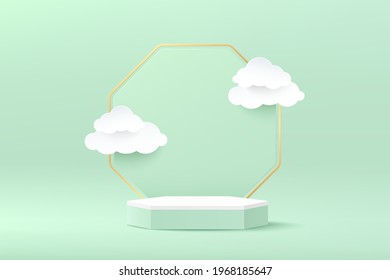 White hexagon pedestal podium. Minimal wall scene pastel color with gold and green backdrop. Cloud shape papercut style. Vector rendering 3d shape, Product display presentation. Abstract background.