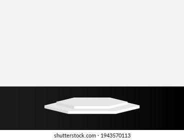 White hexagon podium stand isolated on white and black background.
Stage empty for decor product, advertising, sale, show, contest, award, winner. Platform studio. Minimal style. Vector illustration.