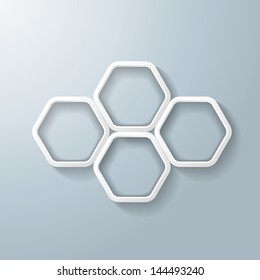 White hexagon rings with shadows on the grey background. Eps 10 vector file.