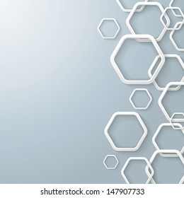 White hexagon rings with shadows on the grey background. Eps 10 vector file.