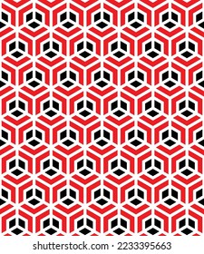 White hexagon shape on red and black background.