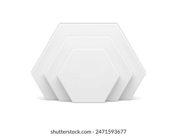 White hexagonal level vertical wall geometric angled figure 3d element design realistic vector illustration. Minimalist polygonal construction basic foundation honeycomb decorative block platform