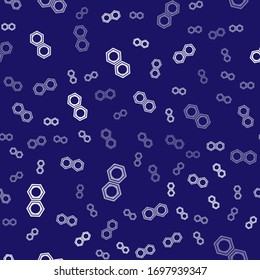 White Hexagonal metal nut icon isolated seamless pattern on blue background.  Vector Illustration
